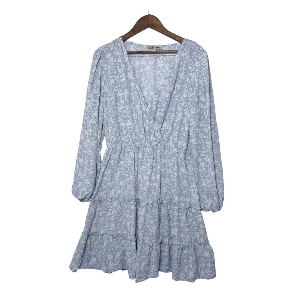 Inspired Hearts Floral Mini Dress Womens Large Blue Tiered Ruffle Long Sleeve